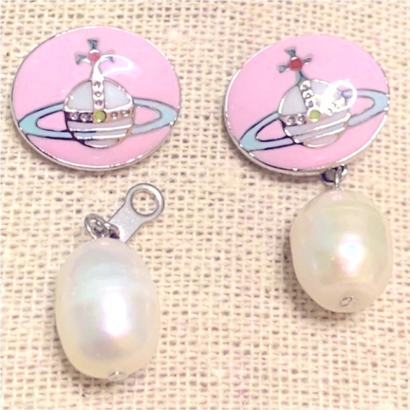 silver pink enamel 2 in one stud or drop earrings - Picture 8 of 9